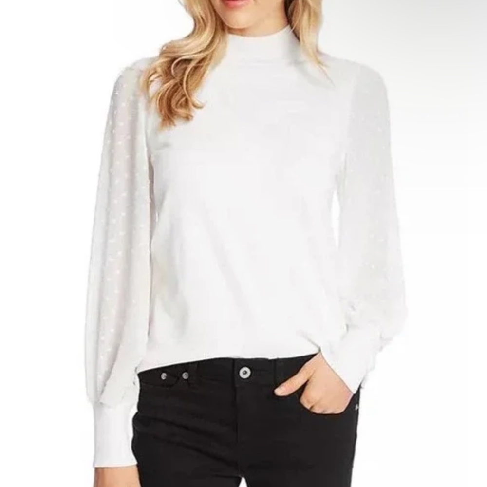 NEW! CeCe Sweater Mock Neck Swiss Dot Sheer Clip Sleeve Pullover Cream Large